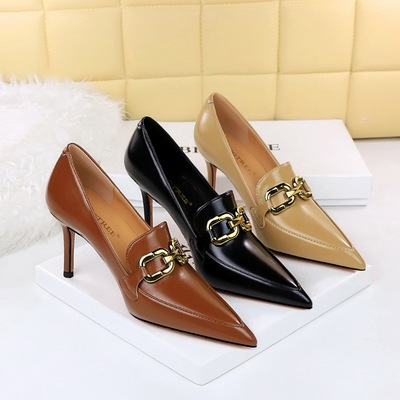 837-3 Retro European and American Style Fashion Deep Mouth Shoes Women&apos;s Shoes Thin Heel High Heel Pointed Metal Be