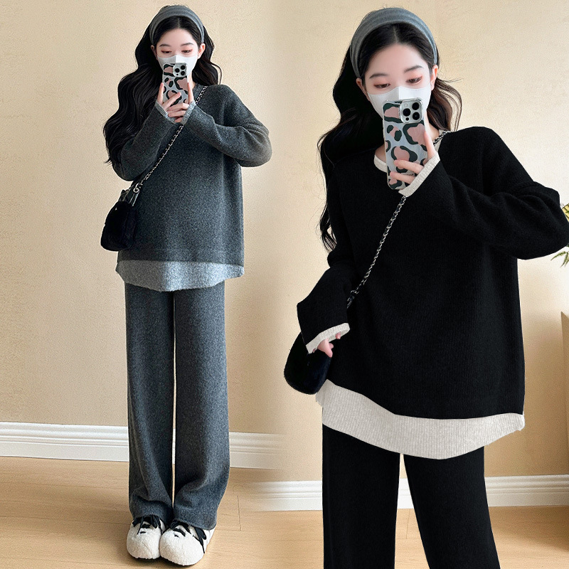现货秋冬毛衣裤孕妇套装韩版简约懒人必备针织上衣+孕妇阔腿裤|undefined