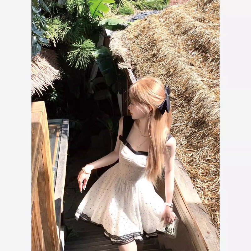 法式少女夏季波点气质连衣裙2025新款蝴蝶结甜美收腰吊带公主裙子|undefined