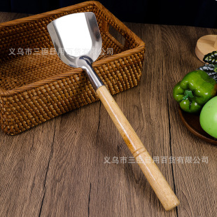 Long wooden handle old-fashioned spatula 201 non-magnetic stainless steel household stir-fry thickened spatula uncoated wooden handle anti-scald spatula
