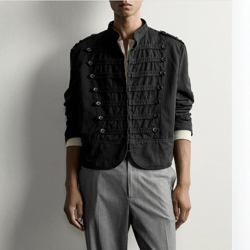 Original European and American fashion men's black jacket with strap design 3715/811, washed and distressed vintage court style coat