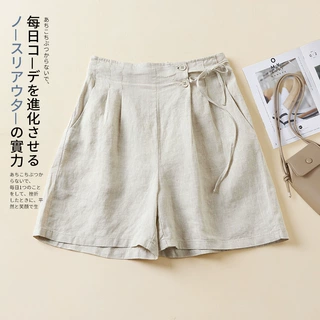 实拍2026年夏季新款文艺宽松纯色棉麻松紧腰阔腿休闲五分裤女