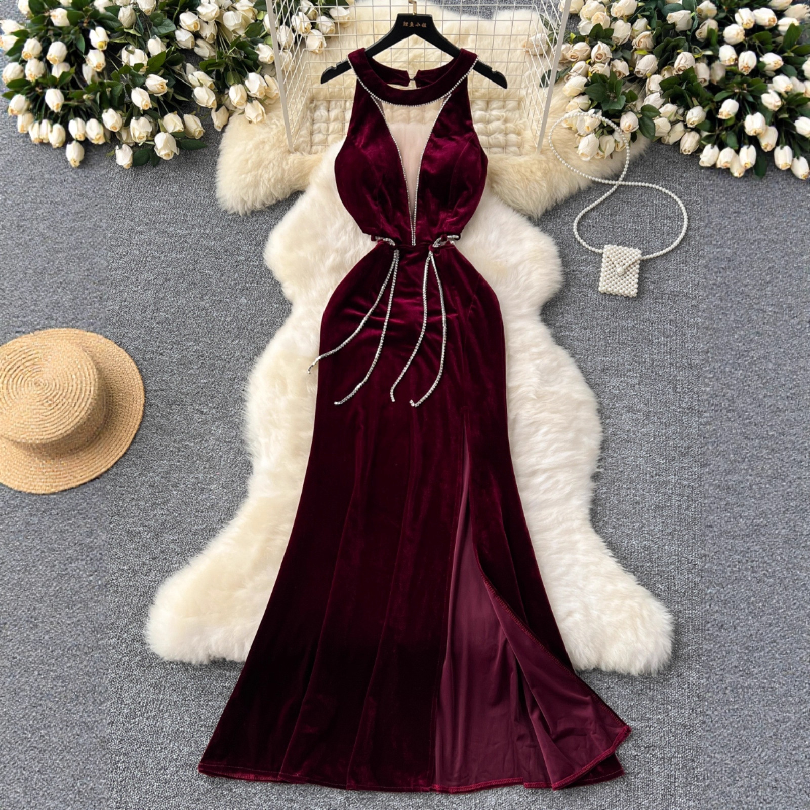 Foreign Trade Evening Dress for Women, Sexy Deep V-Neck, See-Through Mesh Splicing, Suspender Belt, Diamond Slit, Velvet Fishtail Skirt