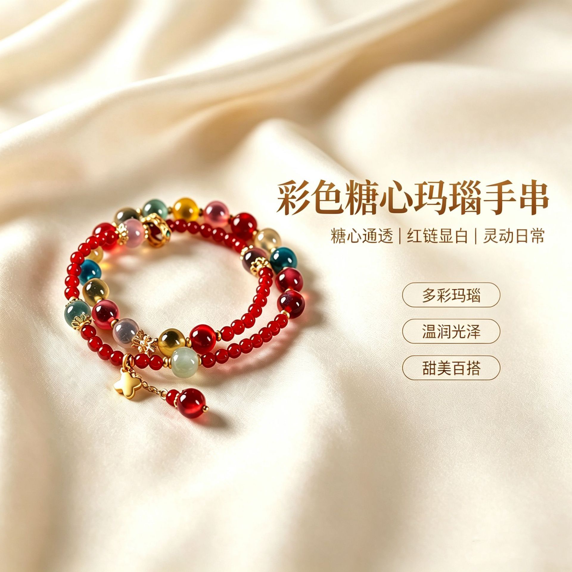 Colorful heart-shaped agate bracelet, a gift for a best friend, high-end red agate double-loop fortune bracelet for women, unique and exquisite