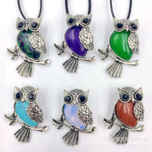 厂家直销 天然水晶猫头鹰吊坠 合金镶嵌宝石吊坠项链配饰