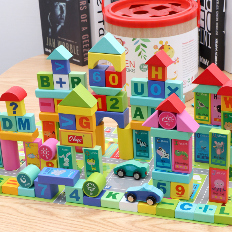 Weiweihu rompecabezas bloques de construcción cubo de arce 50 ~ 100 piezas de letras apiladas con bloques de construcción, juguetes de educación temprana para niños ecológicos