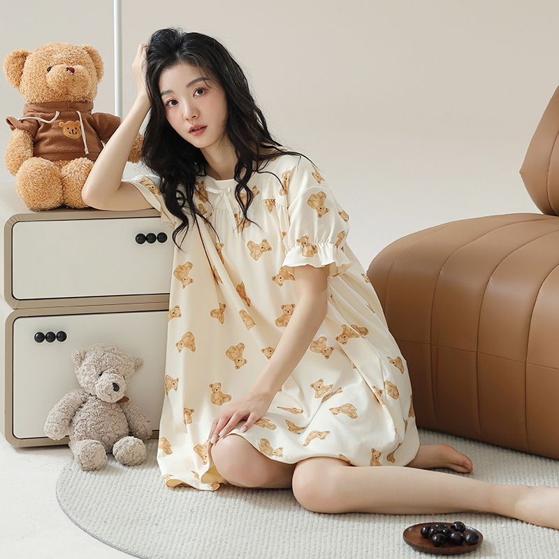 [Personalizado] 7A camisón de algodón antibacteriano verano femenino dulce y lindo estilo princesa delgado de manga corta pijama de maternidad floral