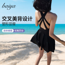 泳衣女士连体韩系交叉挂脖露背性感裙式遮肚显瘦纯色泡温泉泳装女