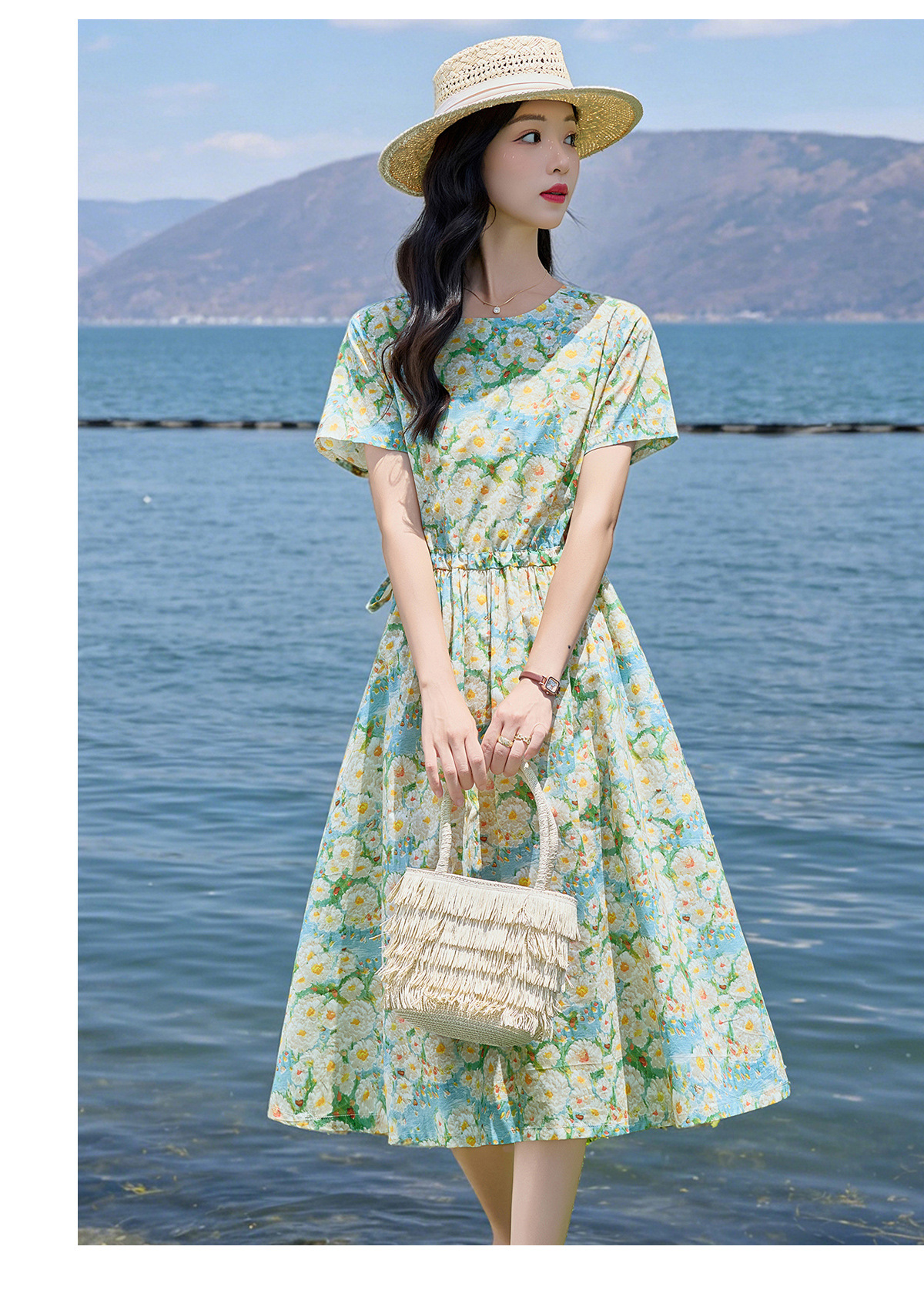 Đầm maxi nữ thắt eo họa tiết hoa nhí màu xanh lá dáng suông dài — Xanh lá cây nhạtcolor chi tiết 17