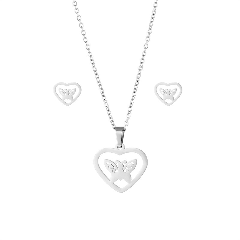 fashion simple heart-shaped butterfly earrings stainless steel necklace