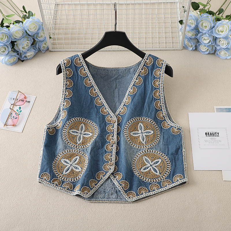 Retro Denim Embroidered Vest for Women in Summer, Small Outer Layer, Slimming Look Sleeveless Waistcoat Cardigan Top
