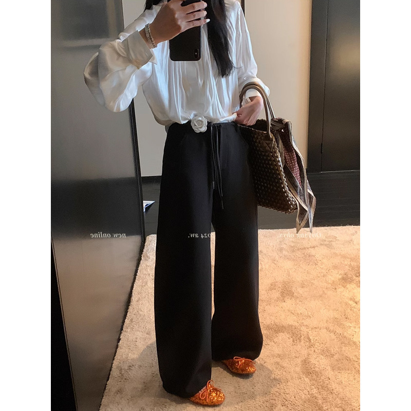 Ouyangshan Camellia Black Casual Pants for Women, Winter Straight-Leg Wide-Leg Pants, Floor-Length Loose Pants, Scimitar Pants Ouyangshan Camellia Black Casual Pants for Women, Winter Straight-Leg Wide-Leg Pants, Floor-Length Loose Pants, Scimitar Pants