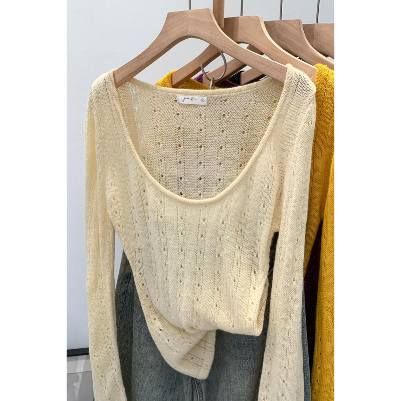2026 Early Spring Stylish Hollow-Out Low-Neck Thin Yellow Long-Sleeve Knit Sweater for Women, New Unique Early Spring Commute Style