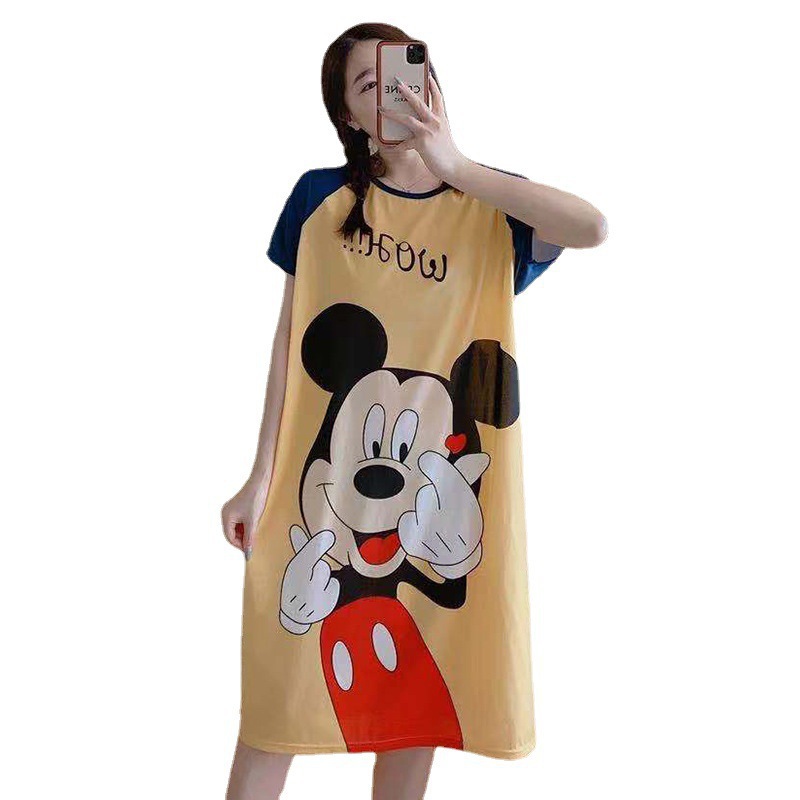 Pijamas de las mujeres de verano manga corta transpirable de dibujos animados delgada camisón suelto perezoso de las mujeres de longitud media de la fábrica al por mayor puede ser enviado en nombre