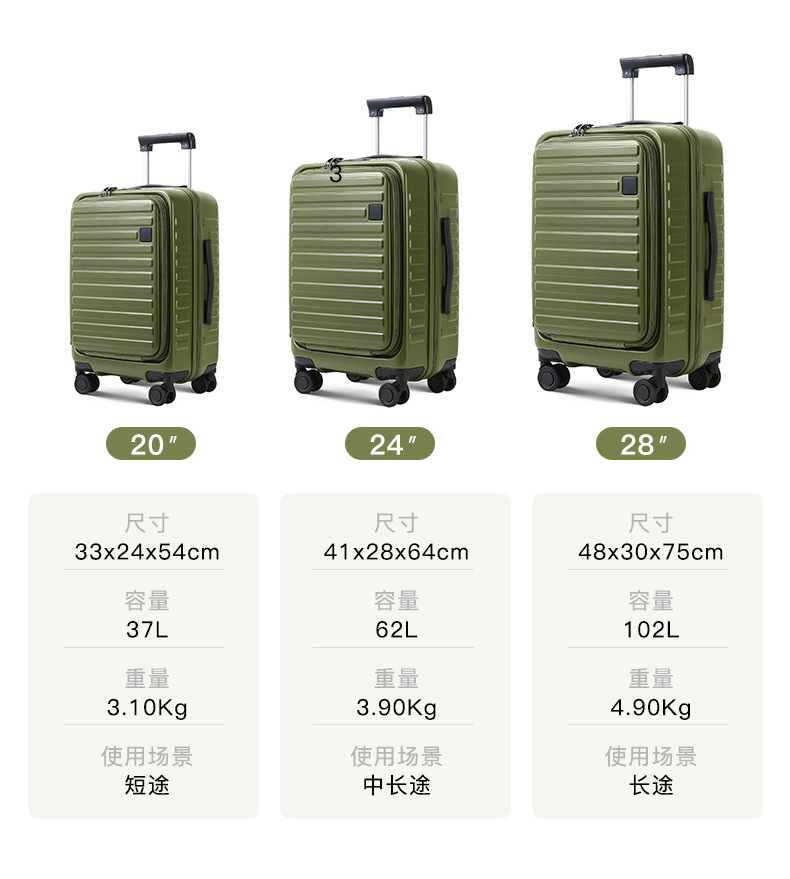 Export New High-End Front-Opening Luggage 20-inch PC Trolley Case Large Capacity Carry-On Suitcase Silent Wheel Travel Luggage