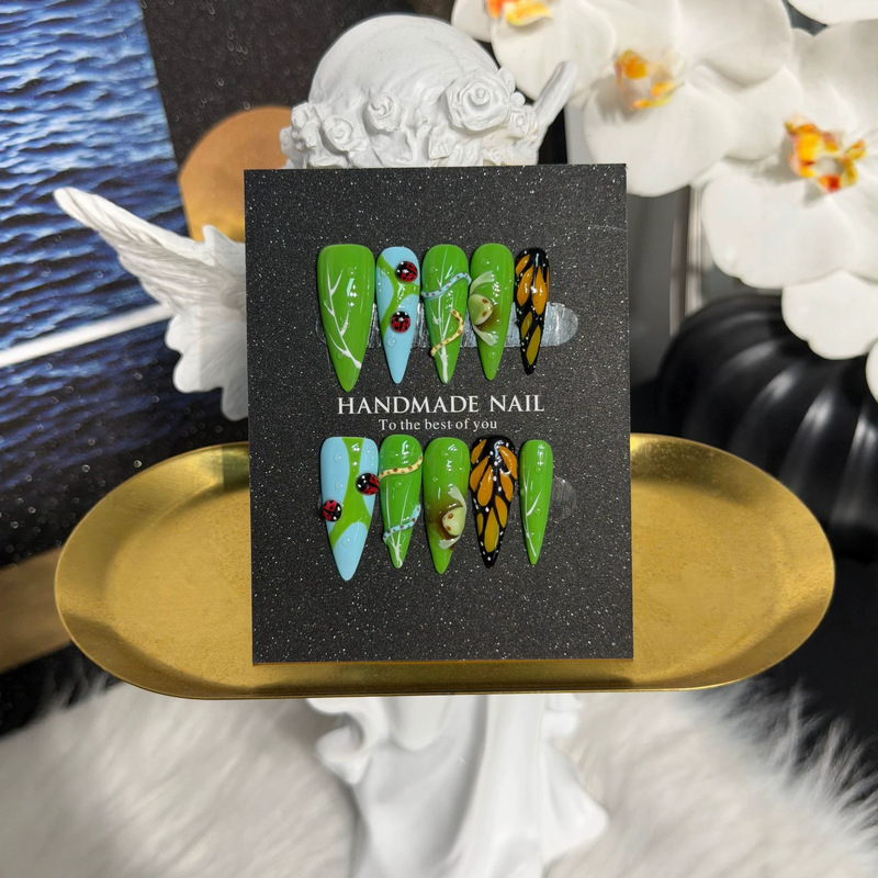 【Namo】European and American Style Hand-Painted Long Pointed Press-On Nails, Ladybug Beetle Series, Butterfly Color-Blocking Fake Nails 【Namo】European and American Style Hand-Painted Long Pointed Press-On Nails, Ladybug Beetle Series, Butterfly Color-Blocking Fake Nails