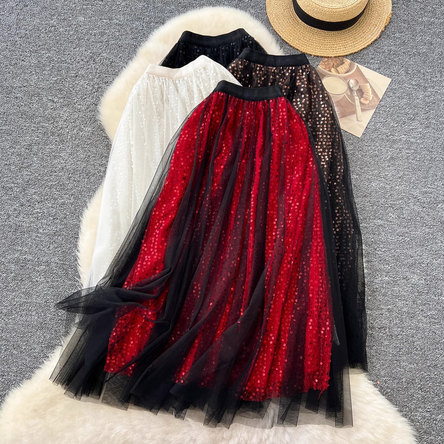 Women's Clothing Fairy Mesh Skirt Winter Elastic Waist Slimming Medium Sequin Velvet Splicing A Line Skirt_voghion.com