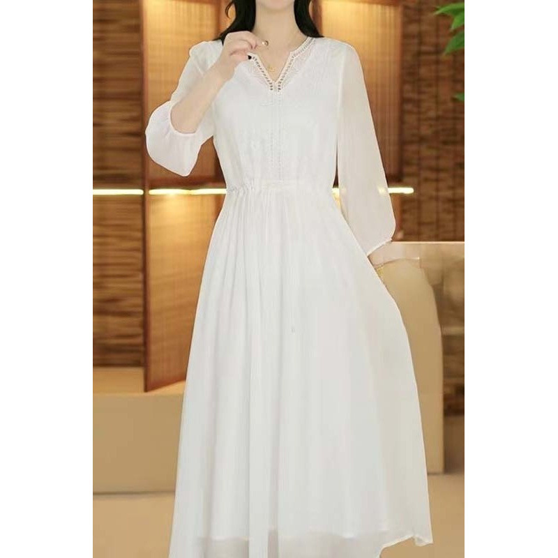 New Chinese Style Dress for Women 2025 New Pure Color Fashionable Elegant Elegant Waist Slimming Look White Chiffon Long Skirt