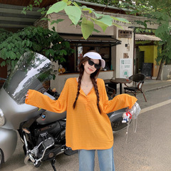 韩系垂感撞色条纹长袖T恤女2025夏季新款宽松薄款慵懒风罩衫上衣