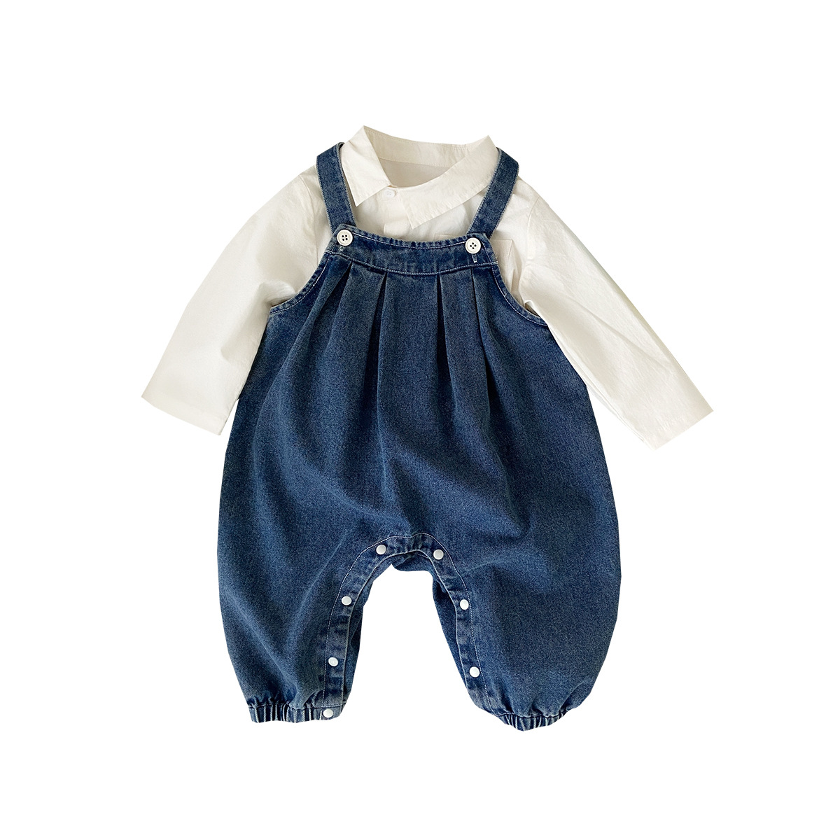Nuevos productos de primavera 2025 versión coreana de dos piezas de mezclilla de una pieza de estilo occidental para bebé traje de manga larga con correa de salida