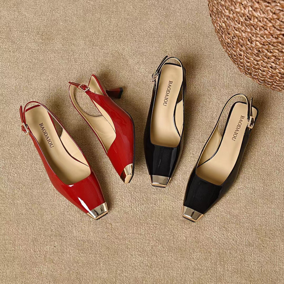 Giày sandal nữ mũi vuông da thật gót nhỏ đế mềm — Màu đen chi tiết 3