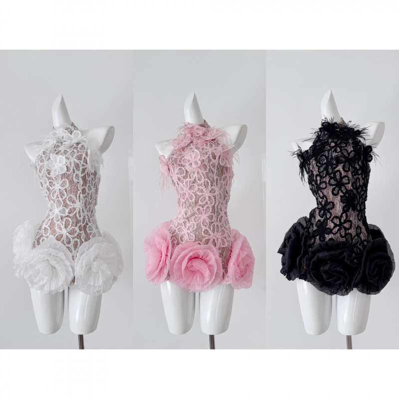 J11Studio Twin Swan Heavy-Duty Three-Dimensional Floral Tulle Feather Short Dress Fairy Gown Dress