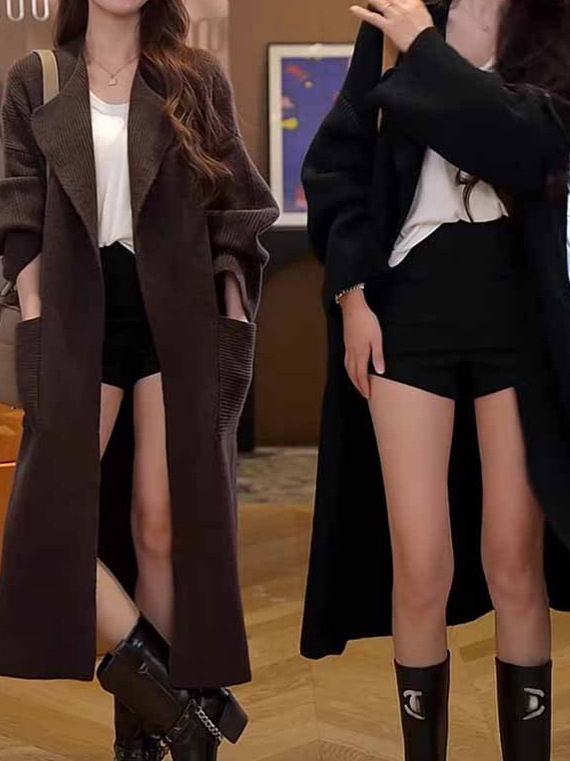 24 Dongpo Puyuan Hanli Hanqi medio y largo abrigo de punto con solapa Cardigan Otoño Invierno Superior
