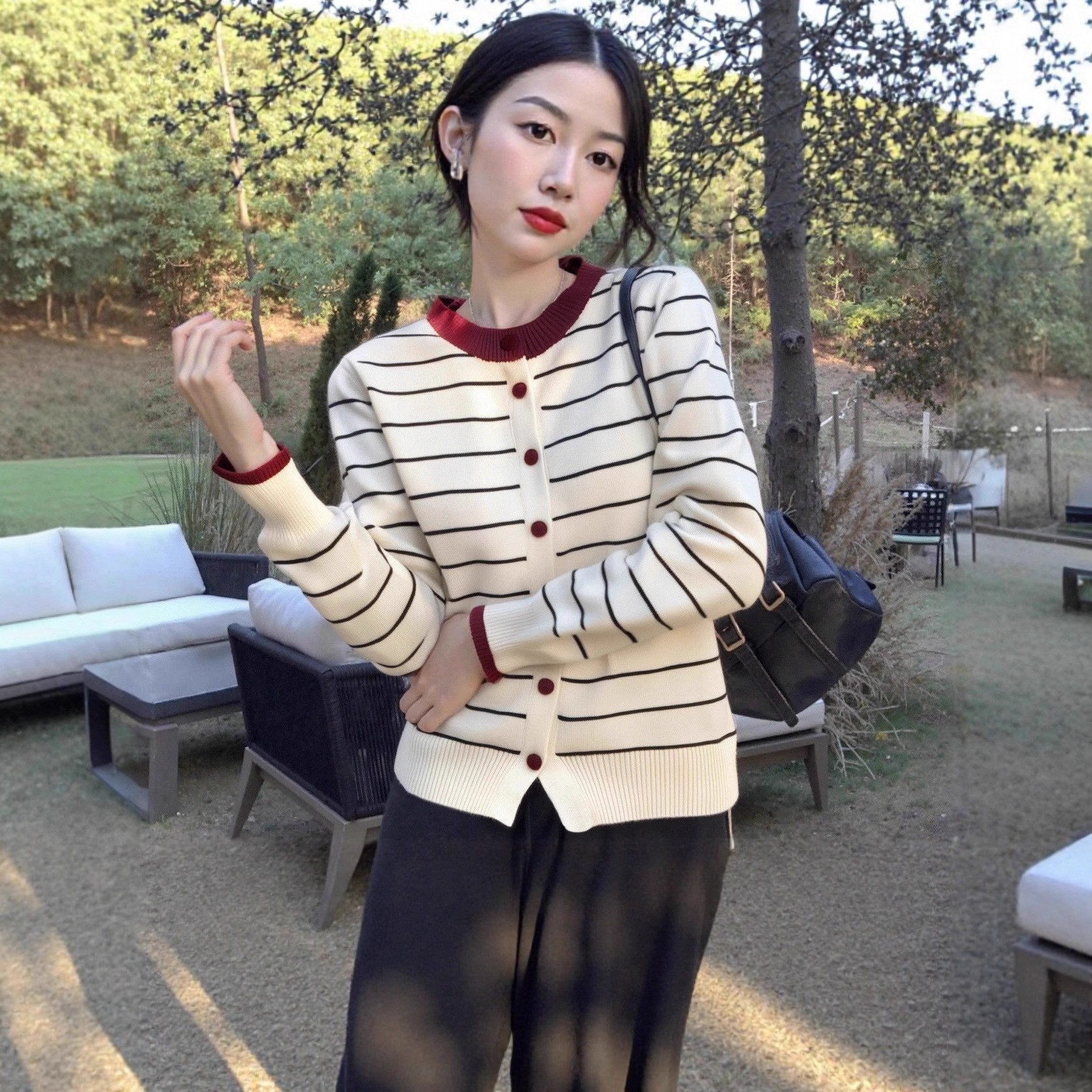 Contrast Color Stripesd Sweater Women's Loose 2025 New Style Lazy High-End Girly Style Knitted Cardigan Jacket Top Women