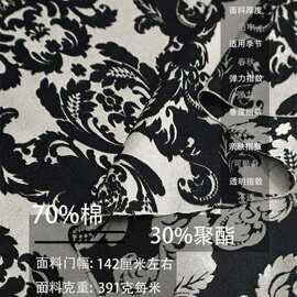 国风古典银白色黑色提花棉混纺光泽弹力布料 古装汉服旗袍裙面料