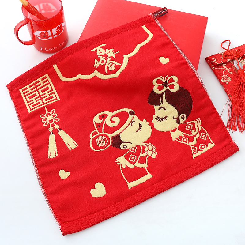 結婚祝いのスカーフを卸売りする赤35*35結婚祝いの嫁入り用品ジャカードタオル刺繍ロゴ