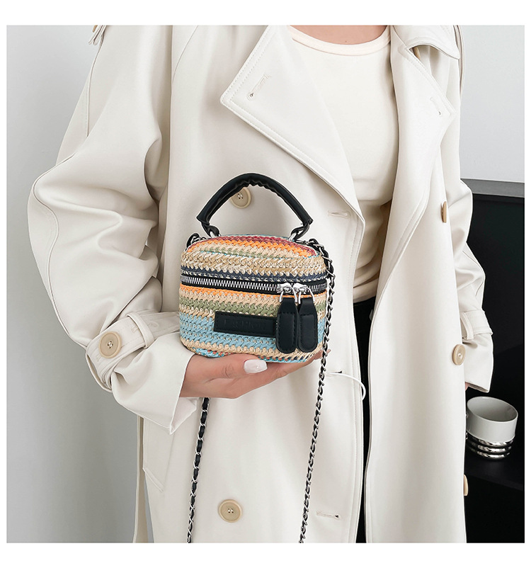 165g Weight Polyester Lining Material Weave Fashion Element Zipper Closure Type Top Handle, Chain Strap Type Crossbody Bag Bags Type Casual, Daily, Shopping Occasion Straw Material Multicolor Pattern Spring&Summer Season Women's Gender Vintage Style Style Cylindrical Shape Women's Straw Multicolor Vintage Style Weave Cylindrical Zipper Crossbody Bag 13