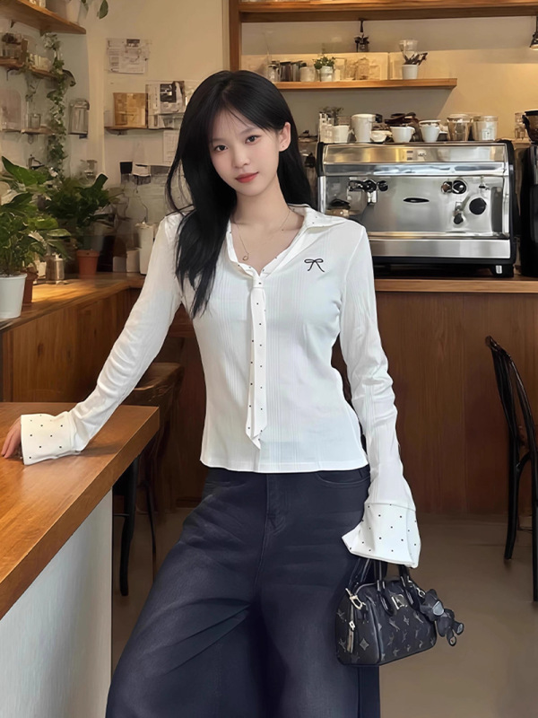 韩系白色波点领带v领长袖t恤女秋季纯欲绝美假两件拼接打底衫上衣|undefined