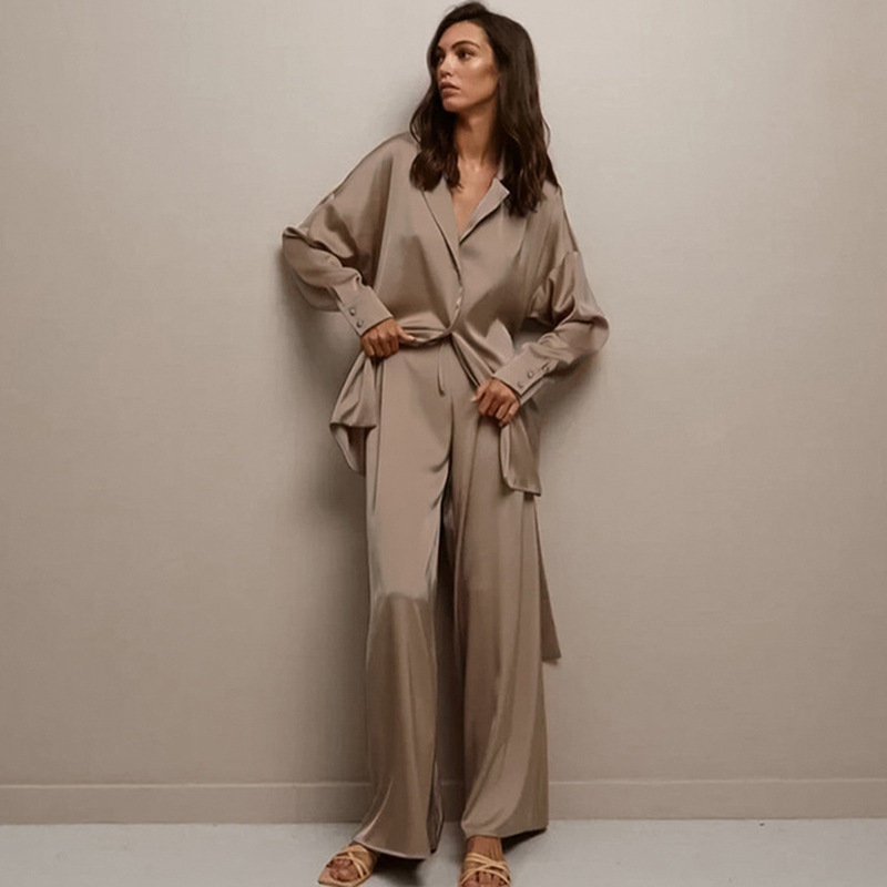 2026 Spring and Summer New European and American Style Ice Silk Pajamas, Loose and Comfortable Long Pants, Casual Women's Loungewear Robe Set