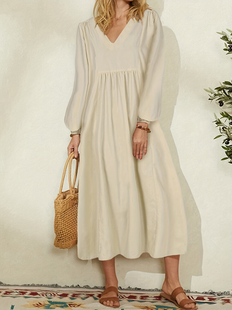 2025 Autumn New Clothing Fashion Women's Cotton Linen Loose Lantern Sleeve European And American Dress_ecoleips.com