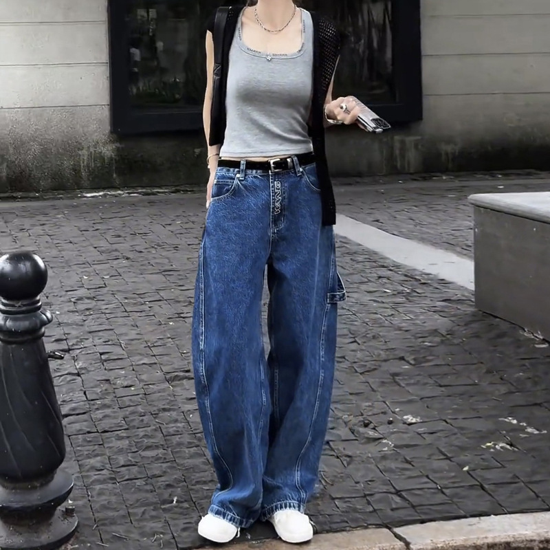 Guangzhou Thirteen Lines High-Quality Popular Style ~ High-Waisted Straight-Leg Jeans Pear-Shaped Slimming Loose Fit Floor-Length Wide-Leg Pants