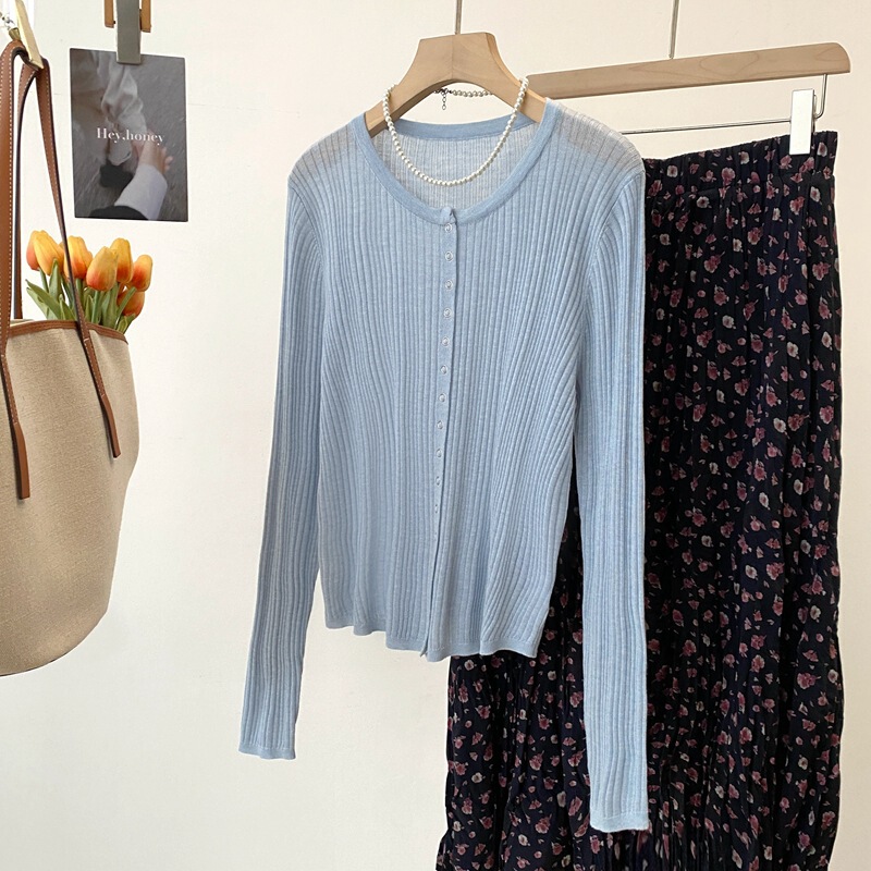 26 Early Spring New Product Mulberry Silk Wool Blend Korean Style Knitwear Women's Round Neck Single-Breasted Ribbed Long-Sleeved Sweater 1111