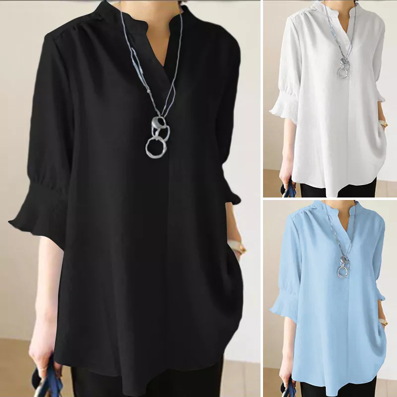 Amazon 2022 New Bohemian Style Women Half Sleeve Solid Color Cotton Linen Casual plus size Shirt Top