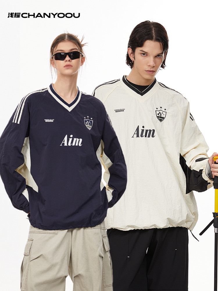 QIANYAO MEN'S | ヨーロッパとアメリカのレトロなコントラストカラーの速乾性長袖Tシャツ、ゆったりとしたレイジースタイルの秋のトレンドジャージスポーツトップ