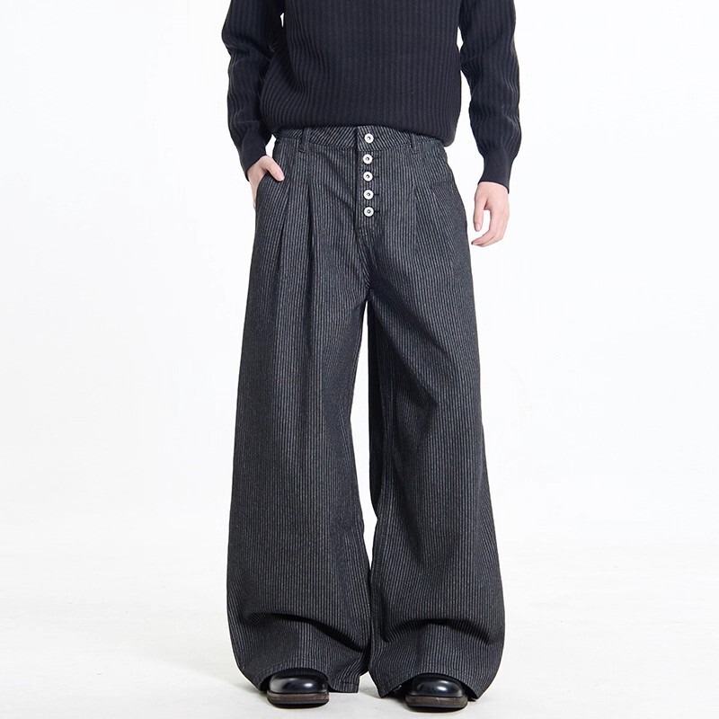 Cddr Nouveau Riche Old Money Style Retro Black Stripesd Pleated Buttoned Jeans Washed A-Line Loose Long Pants for Men