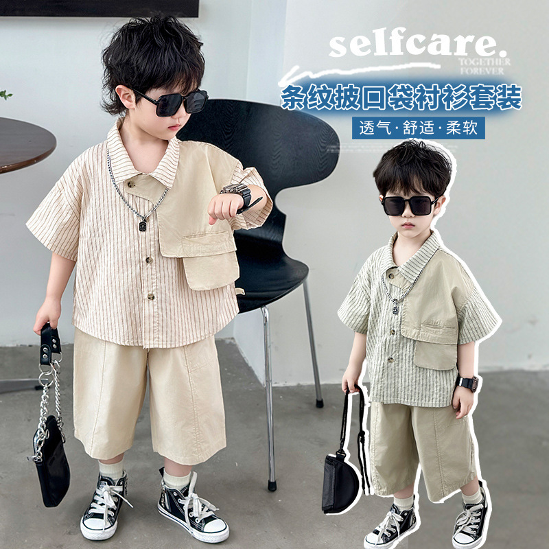 Boys Summer Shirt Short-Sleeved Suit 2025 New Kidsren's Clothing Baby Boy Korean Style Summer Shorts Two-Piece Set Trendy