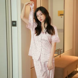 【一件代发】春夏豹纹短袖长裤丝绸家居服套装薄款睡衣女夏季