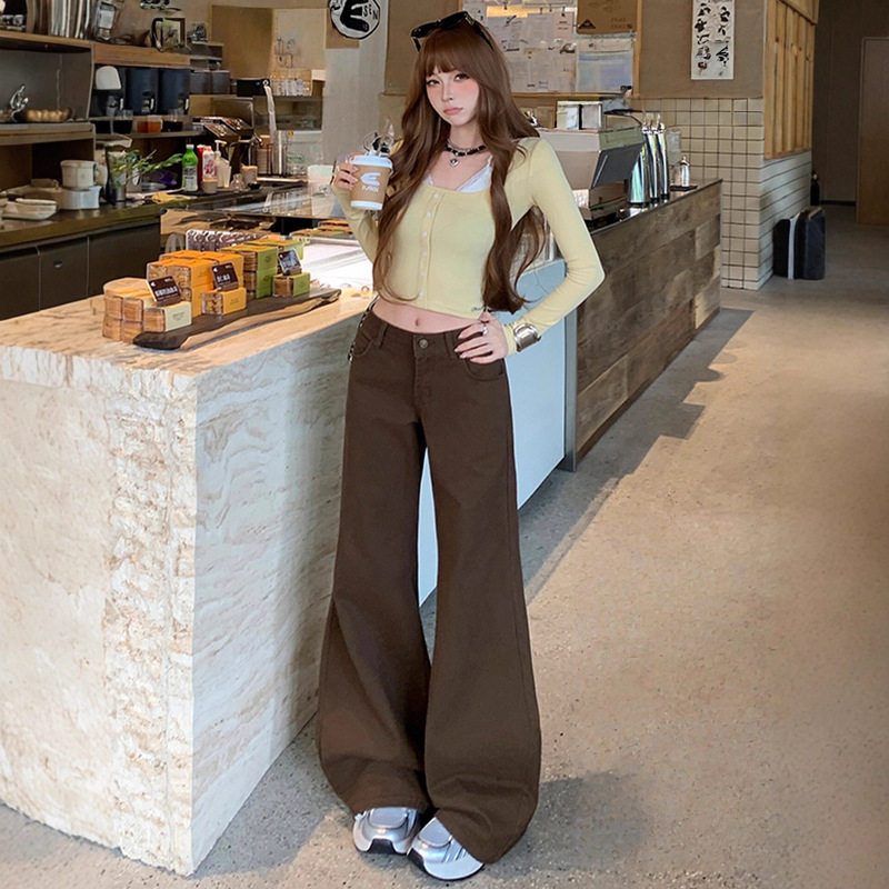 American-Style Brown Coffee-Colored Flared Jeans for Women, Spring/Summer 2026, Low-Waist, Leg-Hugging, Loose Fit, Petite Straight-Leg Flared Pants for Women