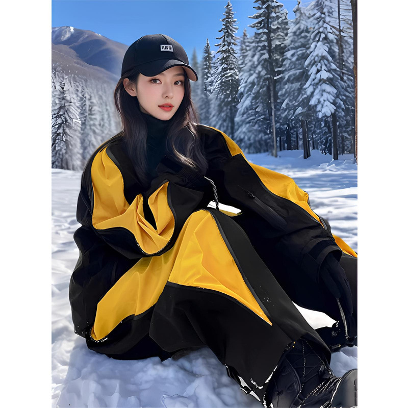 芙沿黄黑拼色滑雪服套装外套女2025秋冬新款小众防风单板雪服男|undefined