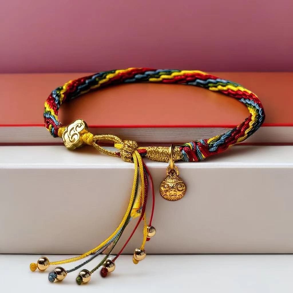 Ciclo bestia de oro cuerda de mano cuerda de cinco colores cuerda trenzada pulsera de nicho de moda nacional una familia de tres padres cuerda tejida a mano