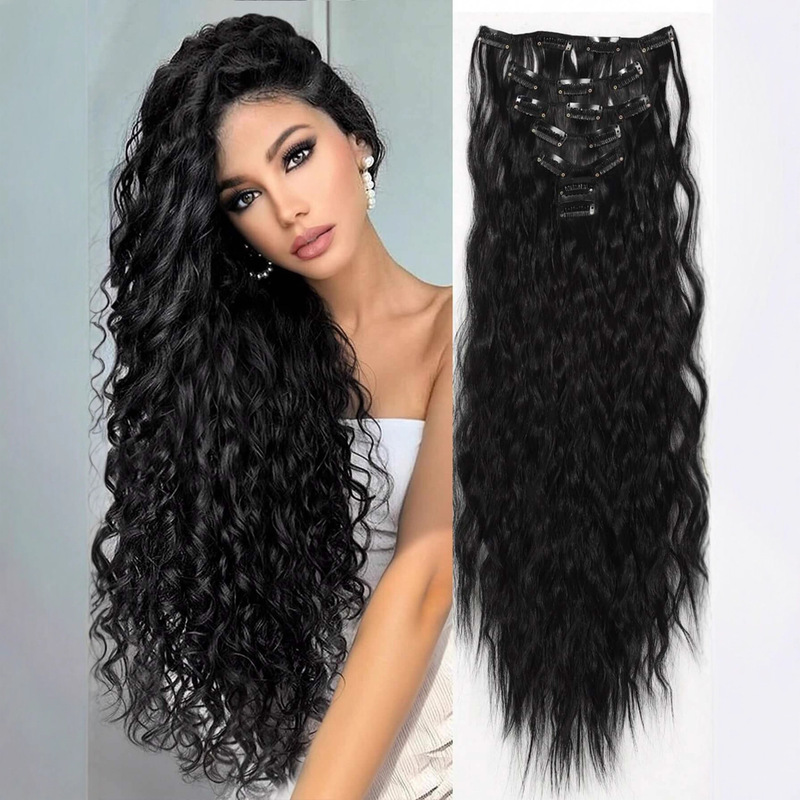 Wig for Women Cross-Border Foreign Trade European and American Long Curly Hair Water Ripple Hair Extensions Seven-Piece Set Corn Silk Chemical Fiber Hair Wig