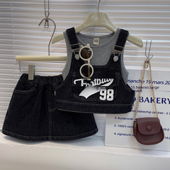 女童韓版洋氣短款牛仔吊帶衫+短褲2024夏新款輕奢黑色工裝2件套潮