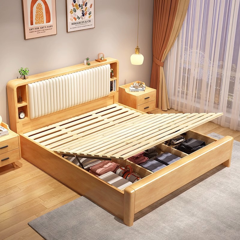 Cama de madera maciza 1,8 m moderno minimalista nórdico 1,5 m pequeño apartamento dormitorio principal alta caja de almacenamiento cama doble cama suave cama boda cama