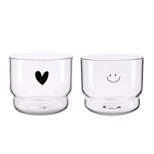 Ins-style glass cups, creative milk cups with smiling faces and heart shapes, stackable cups, dessert small bowls, breakfast cups, high-temperature resistant