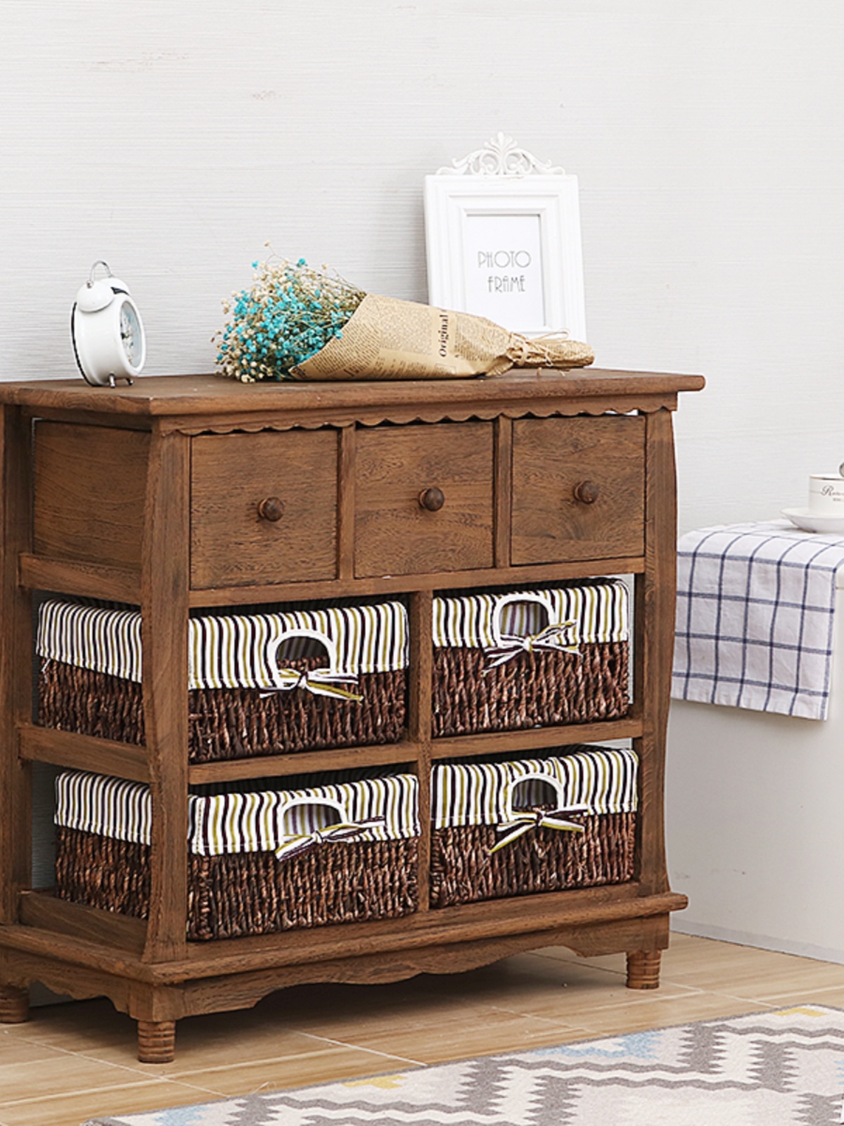 Pastoral Bedside Table Living Room Lcd Tv Cabinet Solid Wood Bedroom Rattan Frame Bedside Cabinet Multi-Drawer Storage Cupboard