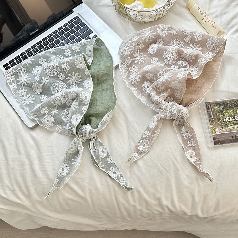 Pañuelo de seda de encaje de costura, bufanda triangular, bufanda de seda pequeña, bufanda de algodón y lino de todo fósforo para mujer, bufanda decorativa, bufanda triangular, cortina de pedos de cintura